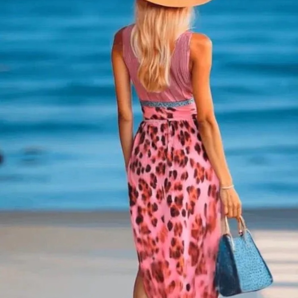 Pink Leopard-Print Halter Maxi Dress with Turquoise Trim - Picture 3 of 13